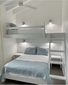 there is a bunk bed in the room with two ladders on each one side