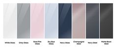 the color chart for different shades of gray, pink, and white fabric with text on it