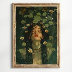 a painting of a woman surrounded by water lilies and lily pad's in a wood frame