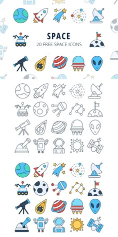 an image of space icons in blue and white with the words space on it's side