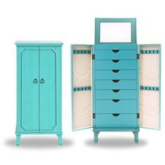 an open blue cabinet next to a white dresser with drawers and mirrors on it's sides