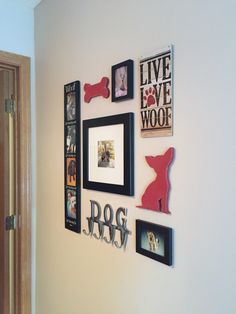 there are many pictures on the wall with dog related items attached to each one piece