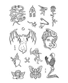 an ink drawing of various tattoos