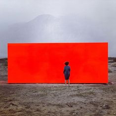 a person standing in front of a large red piece of art that looks like a wall