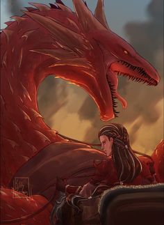 a woman sitting next to a red dragon