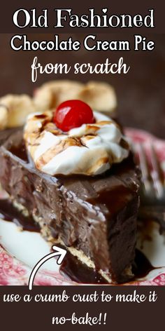 Closeup of a slice of chocolate pie with a cherry on top. Chocolate Pie Cocoa Powder, Chocolate Crust Pie Recipes, Oreo Crust Pie, Chocolate Pie Recipe Old Fashioned, Chocolate Cream Cheese Pie, No Bake Chocolate Cream Pie, Homemade Chocolate Cream Pie, Easy Chocolate Cream Pie, Choc Pie