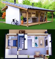 an image of a small house in the middle of two pictures, one with a bicycle on it