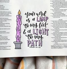 an open bible with a lit candle on it and the words your word is a lamp to my feet and a light to my path