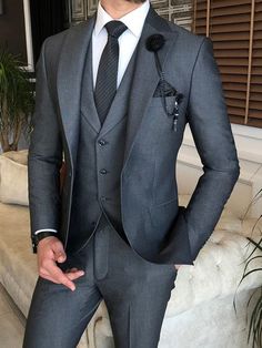 3 Piece Suit Men Classy, Best Wedding Suits, Groom Suit Grey, Grey Tuxedo