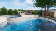 an outdoor swimming pool in the middle of a yard with lounge chairs and trees around it