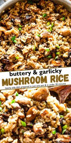 mushroom rice with mushrooms and green onions in a pan