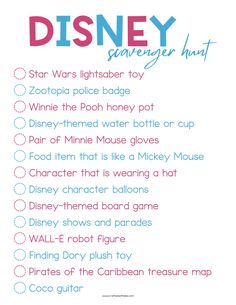 the disney character list is shown in pink, blue and white with words on it