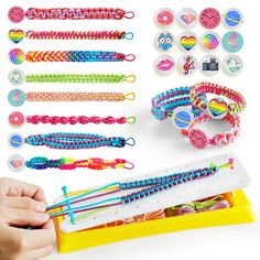 colorful bracelets are being held by a person's hand and other items in the background