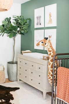 a giraffe standing next to a baby crib in a room with pictures on the wall