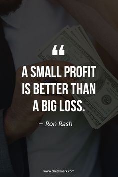 a man holding money in his hand with the quote,'a small profits is better than