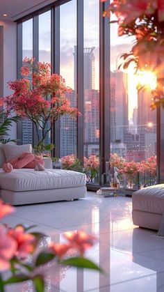 a living room filled with lots of furniture and flowers in front of large glass windows