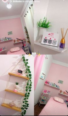 two photos of a pink room with shelves and plants on the wall, one has a plant