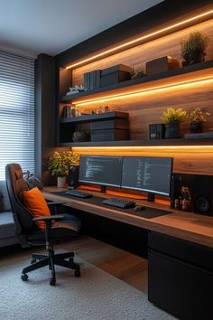 a home office with two computer monitors and a keyboard on the desk, along with shelves filled with plants