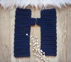 two blue crocheted mittens sitting on top of a wooden floor next to a plant