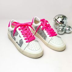 These sneakers are a dream come true! The Positivity sneakers include white laces, silver glitter detailing, and a hot pink star. Synthetic/Leather/Suede Slip-on styling No tie Traction signature outsole Fits true to size Includes a pair of hot pink laces Preppy Vintage Havana, Rush Shoes, Hot Pink Sneakers, Vintage Havana Sneakers, Preppy Sneakers, Bright Sneakers, Hot Pink Shoes, Rush Week, Trendy Shoes Sneakers