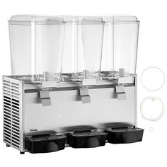 three ice cream dispensers are shown with lids on the bottom and sides