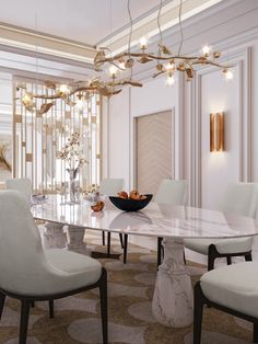 an elegant dining room with marble table and white chairs