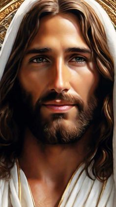 the face of jesus with long hair and beard wearing a white robe, in front of a golden background