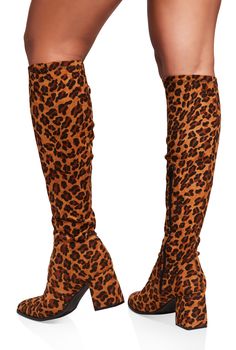 Boot, Pointed Toe, Block Heel, Mid Heel: 2-3 inches, Zippers, Animal Print, Faux Suede, Item Number 1118074706767 Heel Tall Boots, Boots Leopard, Fashion Shoes Heels, Rainbow Shop, Suede Block Heels, Mid Heel, Tall Boots, Boot Shoes Women, Item Number