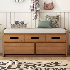 a wooden bench with drawers underneath a clock