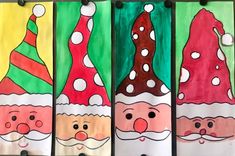 four christmas themed paper bags with santa's hats and beards painted on them