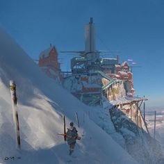 a man walking up the side of a snow covered mountain