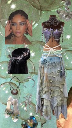 several different types of clothing and accessories are arranged in a collage on a green background