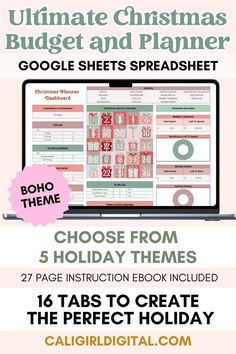 the ultimate christmas budget and planner for google sheets spreadsheet is shown on a laptop