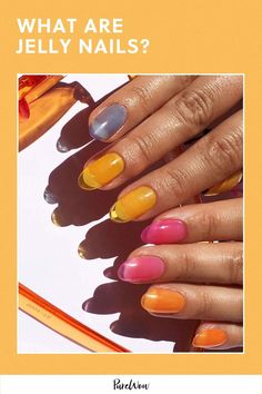 a woman's hand with multicolored nail polish on it and the words, what are jelly nails?