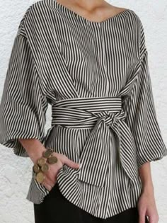 Buy Blouse, Projek Menjahit, Fashion Blouses, Striped Shirt Dress, Elegant Blouses, Moda Vintage, Cotton Blouses, Fashion Tops, Striped Shirt