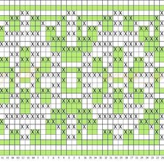 a cross stitch pattern with green and white squares on the bottom, one has an image of