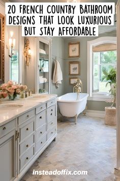 a bathroom with a tub, sink and large mirror in it's center area