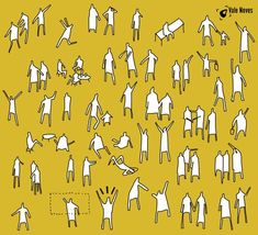 an image of people doing different things in the same place on a yellow background with black and white silhouettes