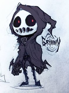 a drawing of a skeleton with red eyes wearing a black coat and holding an umbrella