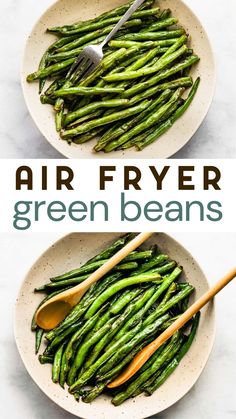 Top image overhead image of air fried green beans in a shallow bowl with a fork. Top image overhead image of air fried green beans in a shallow bowl with wooden serving utensils. Title: "Air Fryer Green Beans" Green Beans Vegan, Air Fryer Green Beans, Air Fried Green Beans, Parmesan Green Beans, Fried Green Beans, Cooking Green Beans, Garlic Green Beans, Frozen Green Beans, How To Cook Beans