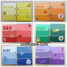 six different colored binders with name tags attached to each one, and the words red, blue, green, purple, yellow