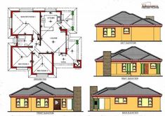 four different views of a house with the floor plan and elevation details on each side