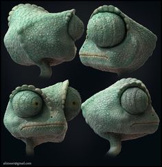 three different angles of a green chamelon with big eyes and two smaller faces