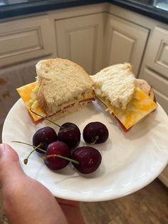 a person holding a plate with sandwiches and cherries on it