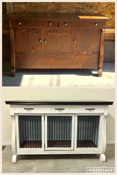 an old dresser has been transformed into a dog house with the addition of a pet door