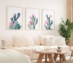 three cactus prints hanging on the wall above a couch and coffee table in a living room