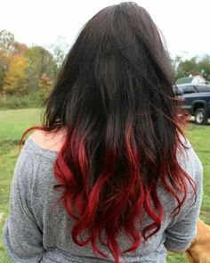 Red Tips On Dark Hair, Ombre Red And Brown Hair, Layered Hair With Red Tips, Dark Hair With Red Ends, Red Dyed Tips On Brown Hair, Red Hair Ends Dip Dye, Red Hair Bottom Half, Black Hair With Red Tips Dip Dyed, Red Dyed Ends Of Hair