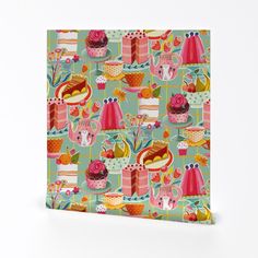 an image of a tea party wrapping paper on a white background with pink flowers and cakes