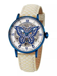 Big butterfly design on the dial with 82 Swarovski crystals on the bezel. Butterfly Watch, Art Deco Watch, Madame Butterfly, Leaf Crown, Women's Watches, Face Design, 50th Gifts, Skeleton Watch, Leather Band