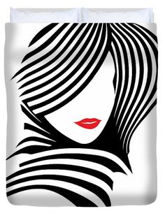 a woman's face with black and white stripes on the background duvet cover